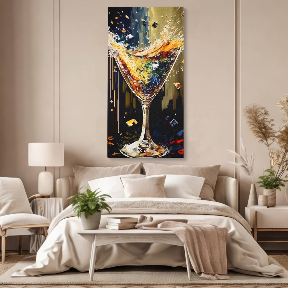 Tablou canvas cu tablou canvas cu pahar de cocktail in plina explozie de culori, fara rama, pe sasiu de lemn, pe perete intr-un dormitor